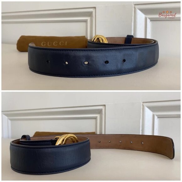 Authentic Gucci Blue Calfskin Leather Gold Interlocking G Buckle Belt 75/30 main image 11